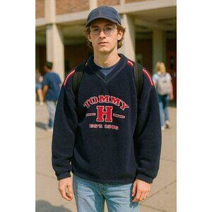 Vintage Tommy Hilfiger Fleece Pullover Sweater Blue XL EUC
